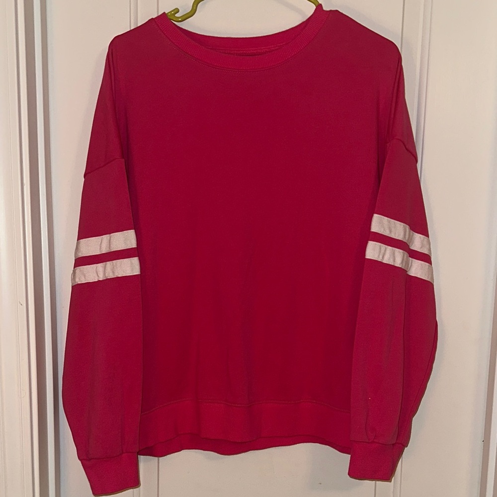 PinkCrewneck Sweatshirt with White Sleeve Stripes
